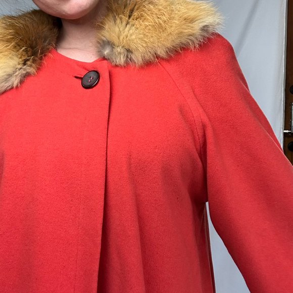 Vintage Red italian 60s swing wool coat with real fur collar S/M - Picture 8 of 9